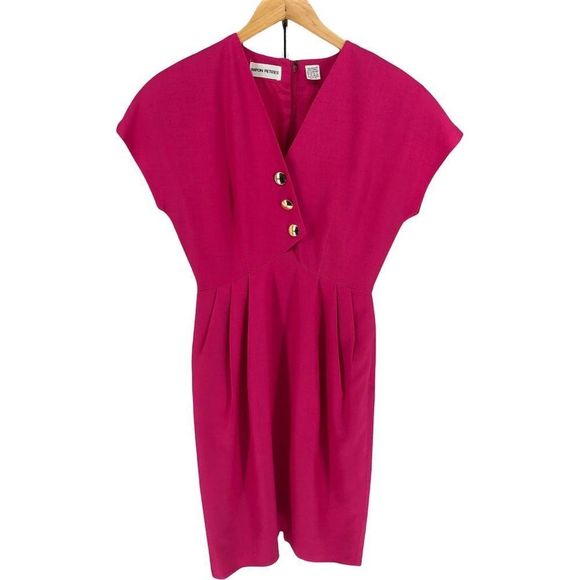 80’s Vintage Albert Nipon Bright Pink Dress with Gold Buttons - Picture 1 of 12